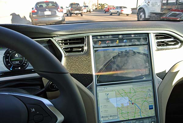 Tesla interior in L.A. traffic