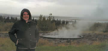 Patty next to a hot spring in poor weather
